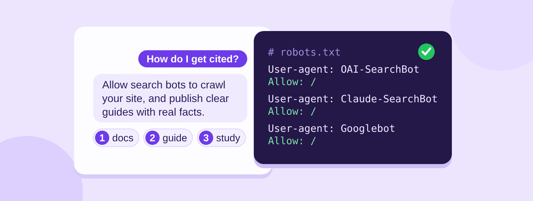 An AI chat window showing an answer with three cited sources, next to a robots.txt snippet that allows search crawlers.