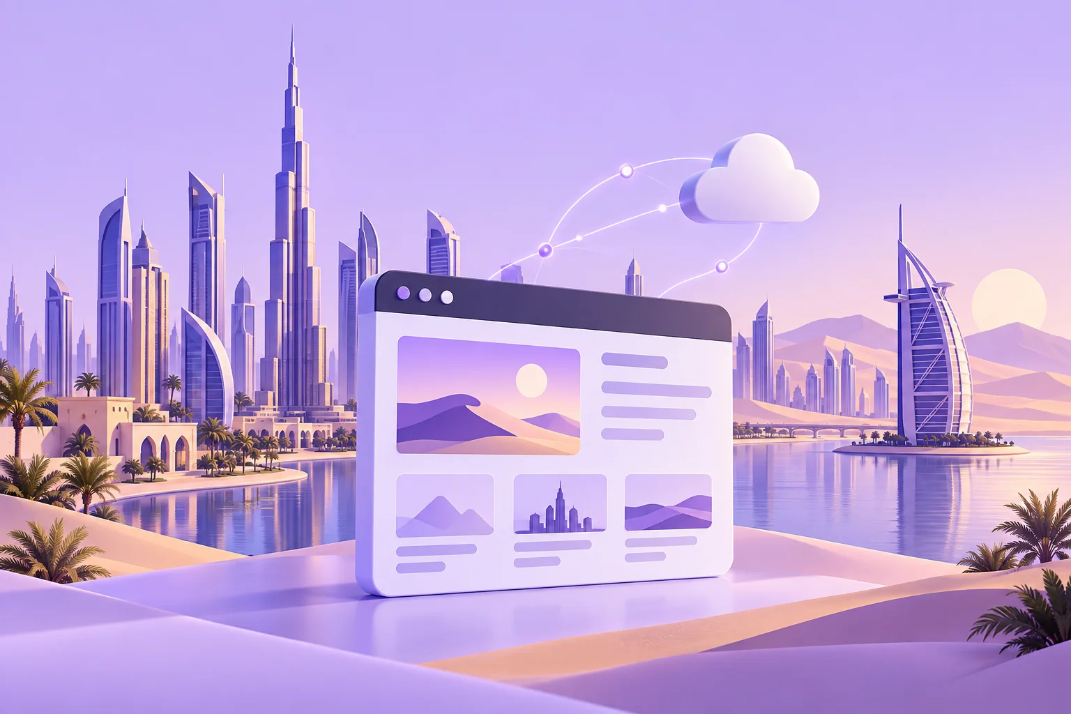 An abstract UAE skyline with a website browser and cloud hosting connection.