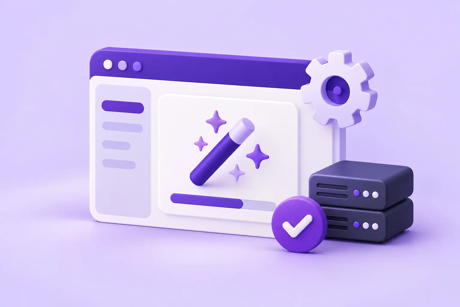 An abstract website installer, settings gear, and completion check beside a server.