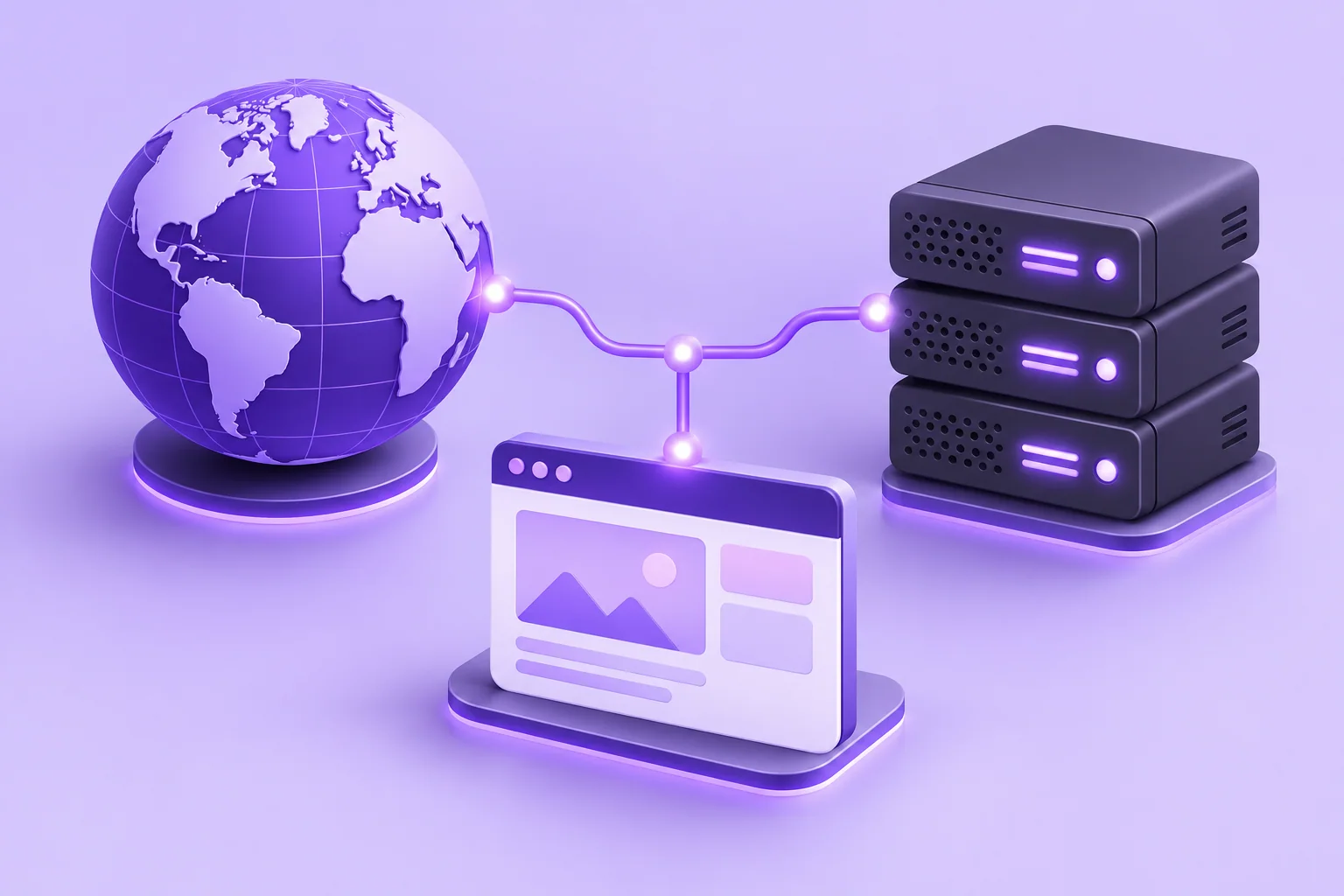 A domain globe connected through DNS routes to a website and hosting server.