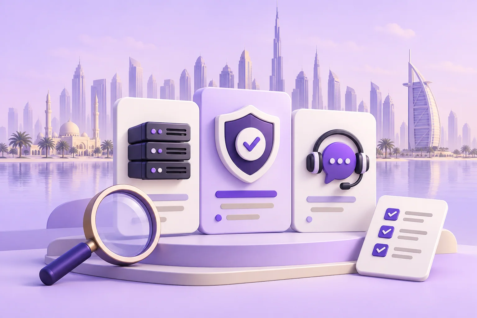 Hosting plan cards, a comparison magnifier, and an abstract UAE skyline.
