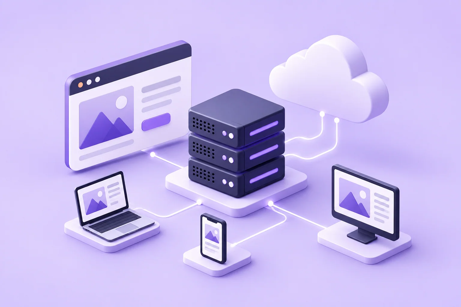 Browser windows and visitor devices connected to a cloud and server stack.