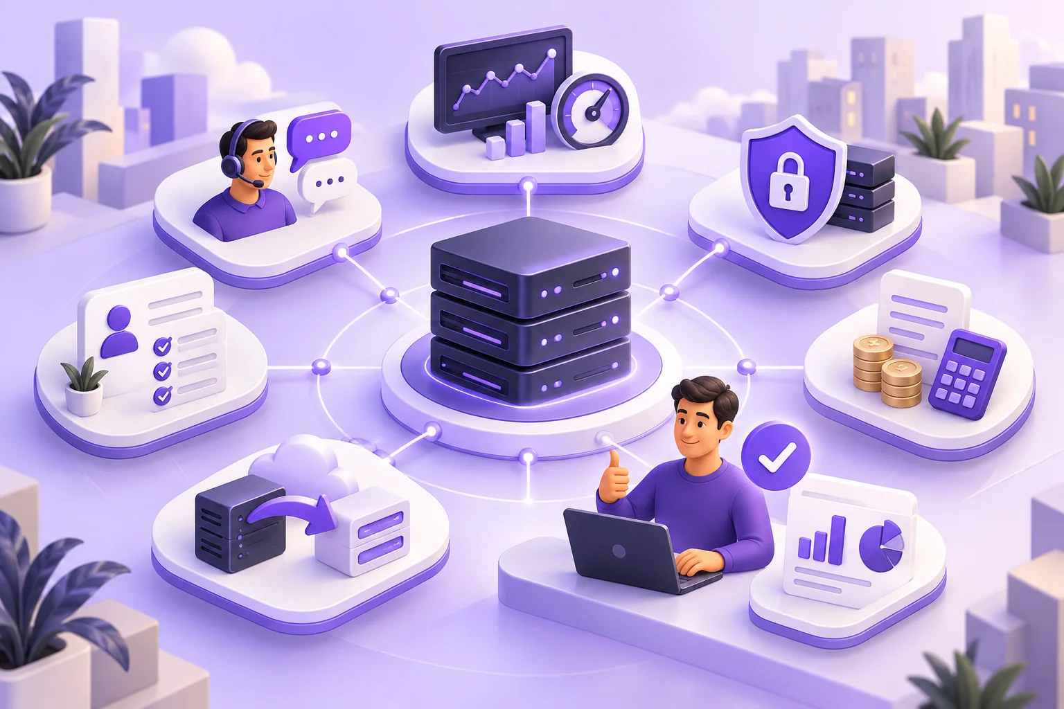 Seven hosting workflow tiles arranged around a central server.