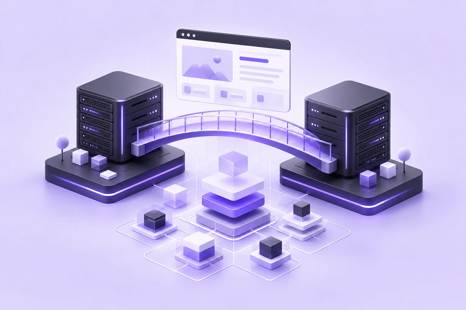 Two infrastructure platforms joined by a bridge beneath a website browser.