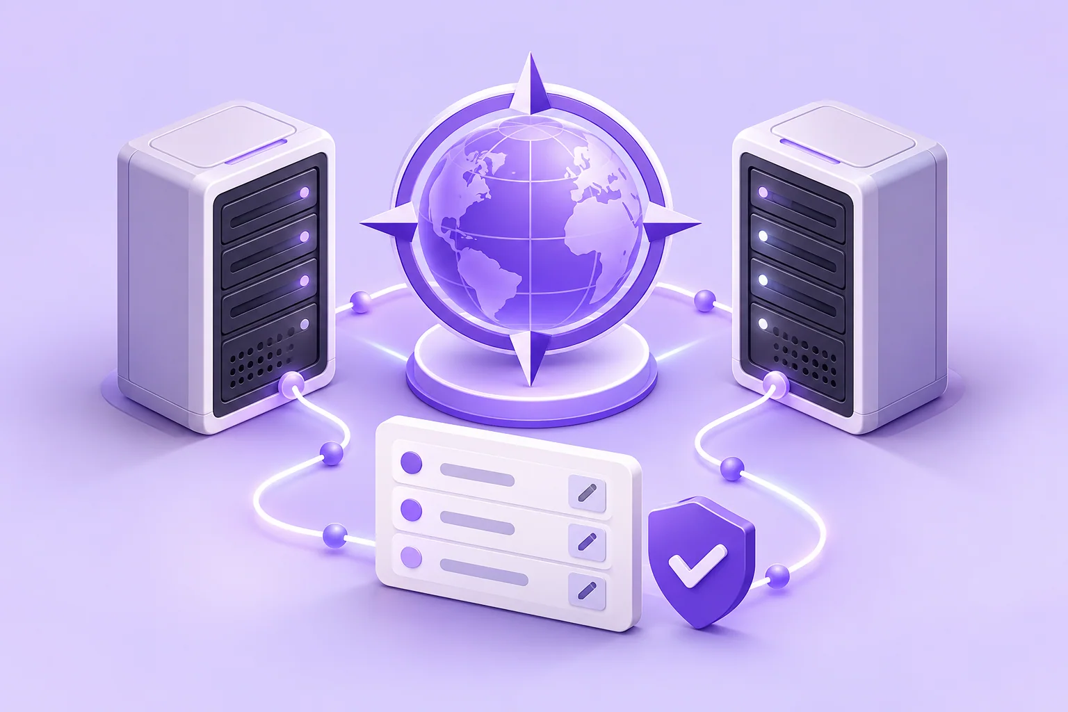 Two nameserver towers connected to a domain globe and DNS record card.