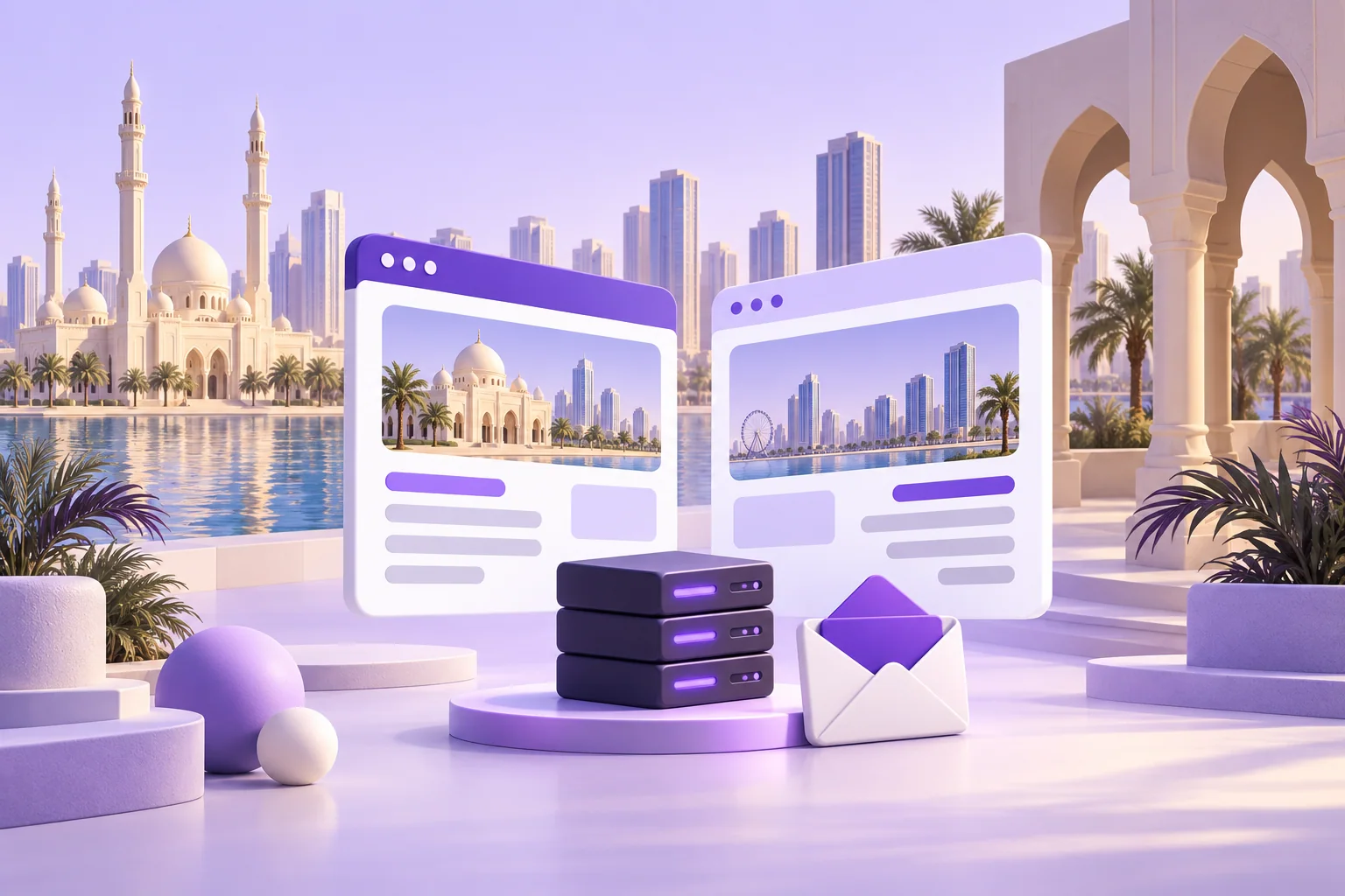 Sharjah-inspired architectural forms with two browser layouts and an enquiry envelope.