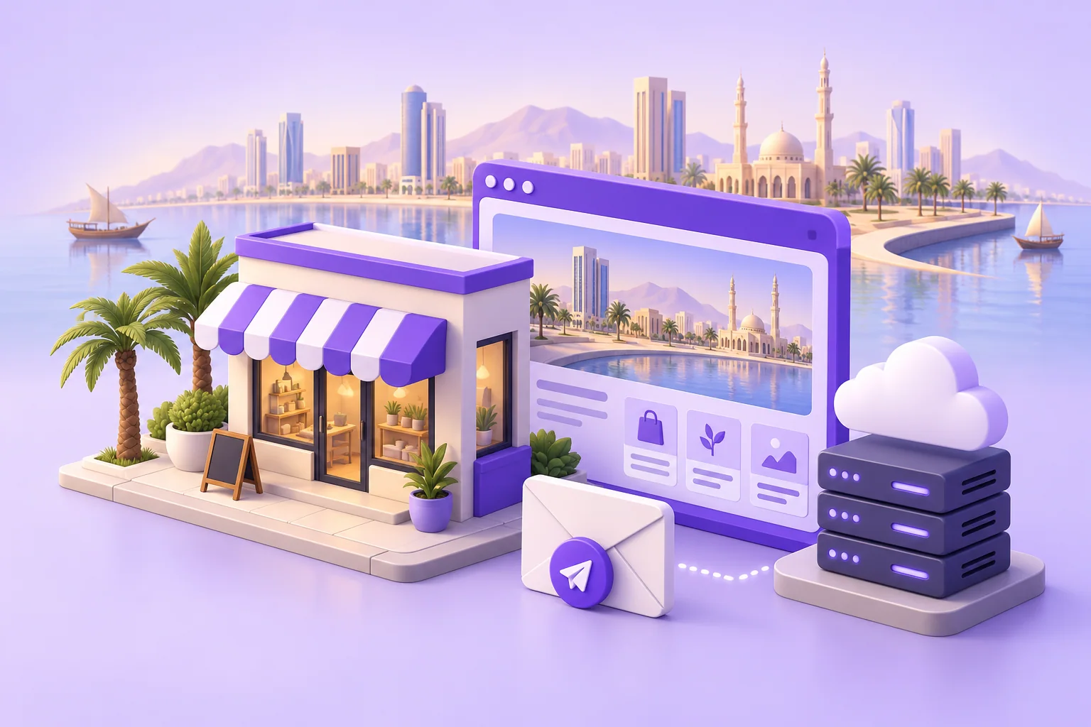 A small business storefront, website, enquiry envelope, and cloud server.