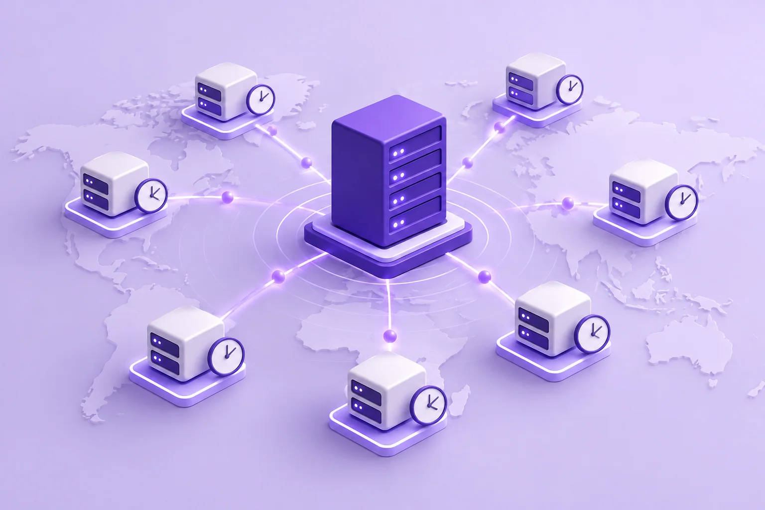Resolver nodes and clocks illustrating cached DNS answers around an authoritative server.