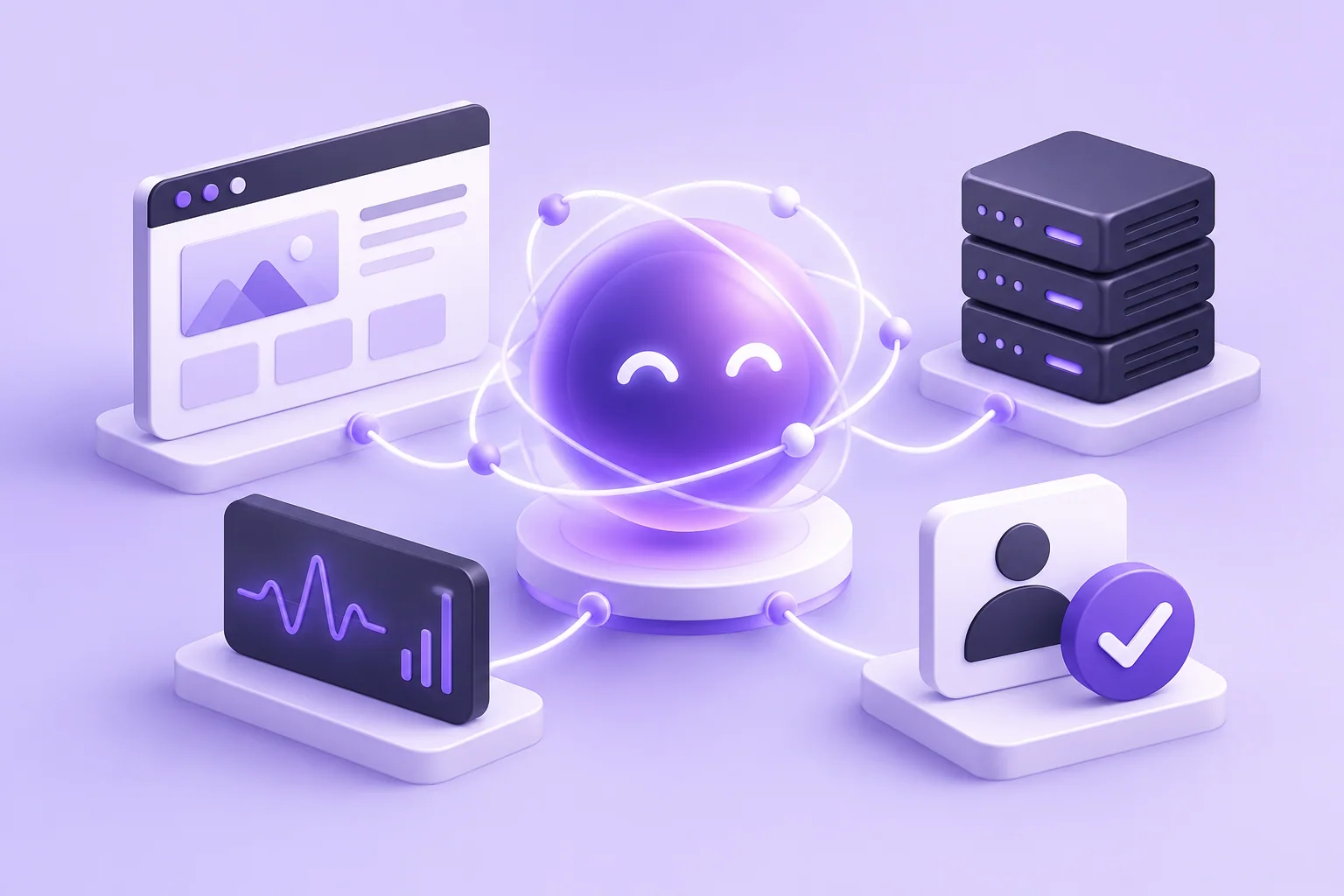 An AI analysis orb connecting hosting, monitoring, and a human approval check.