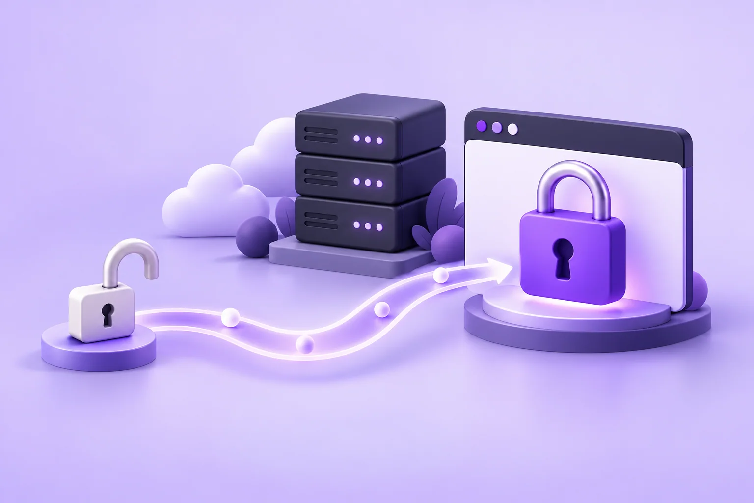 A website connection moving from an open padlock to a secure HTTPS padlock.