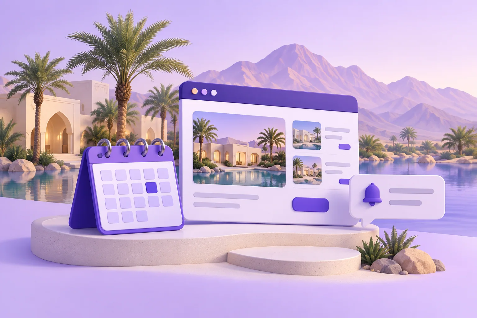 An oasis-inspired setting with a booking calendar, website, and notification.