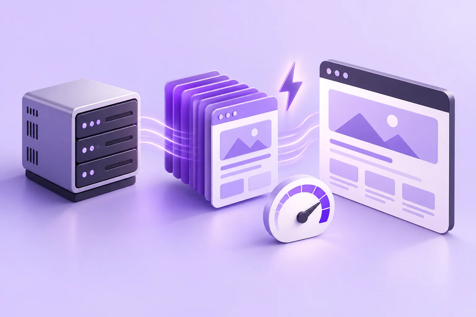 Cached page cards between a browser and server, with a speed gauge.