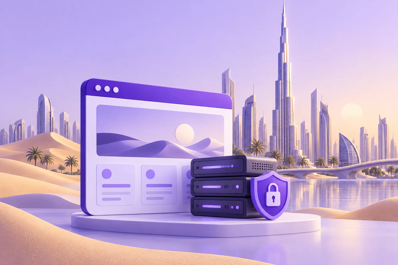 A Dubai-inspired skyline with a business website and secure server in the foreground.