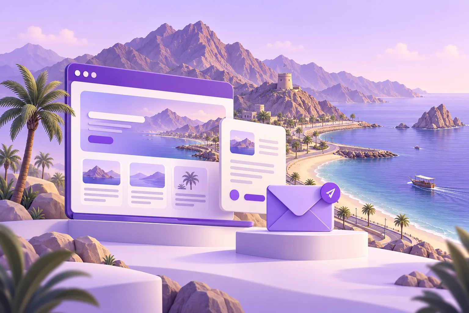 An east-coast mountain shoreline with a website, document, and enquiry envelope.
