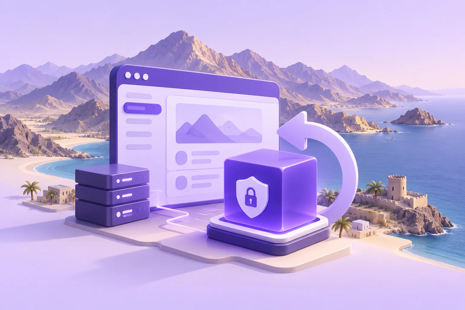 A mountain coastline with a protected website, backup cube, and recovery arrow.