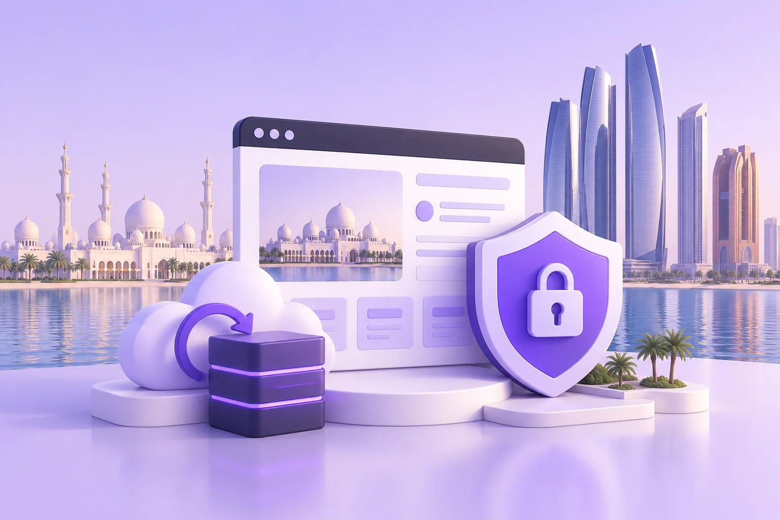 An Abu Dhabi-inspired coastal skyline with a website, shield, and backup cube.